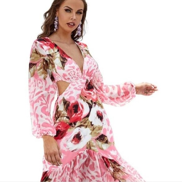 Giffniseti pink leopard print long sleeve cut out side ruffle hem maxi dress - Picture 4 of 12